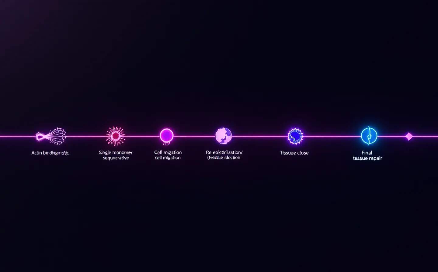 A single luminous electric-violet repair-pipeline spine running through five soft-glowing nodes, one cyan and one magenta, on a deep purple-black ground